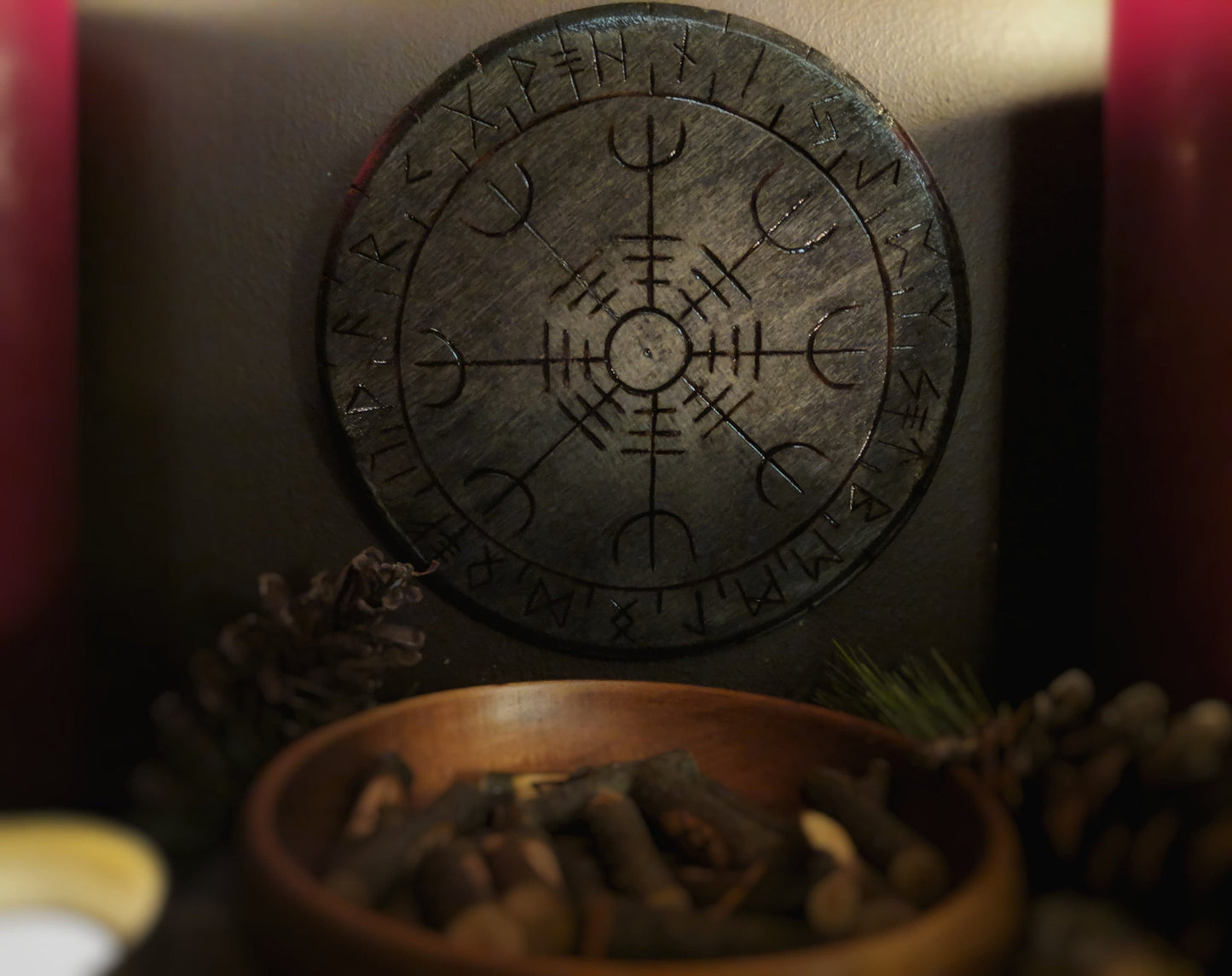 Helm of Awe Heathen Altar Plate Asatru Norse Pagan Decor Wood Elder Futhark Runes