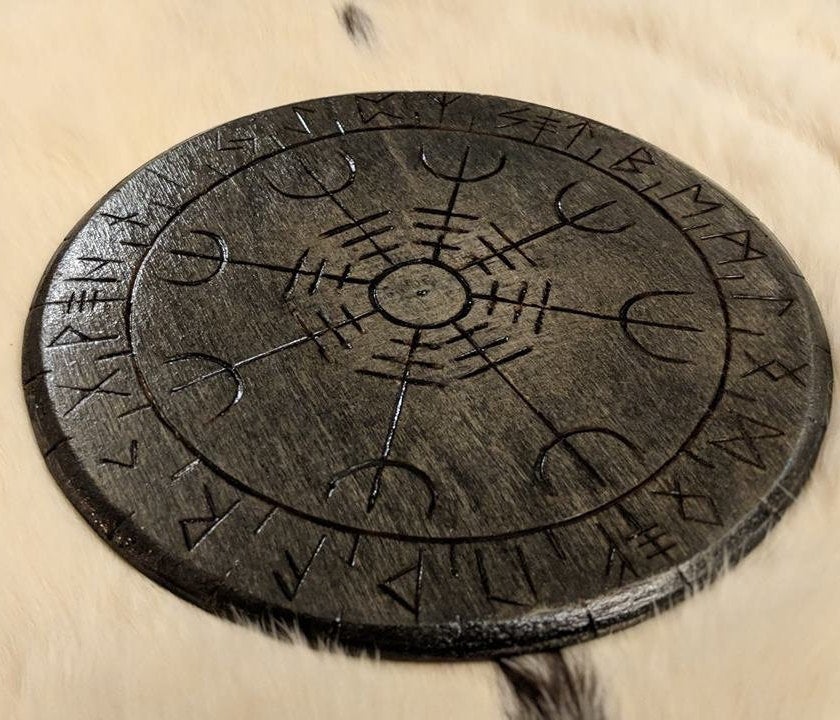 Helm of Awe Heathen Altar Plate Asatru Norse Pagan Decor Wood Elder Futhark Runes
