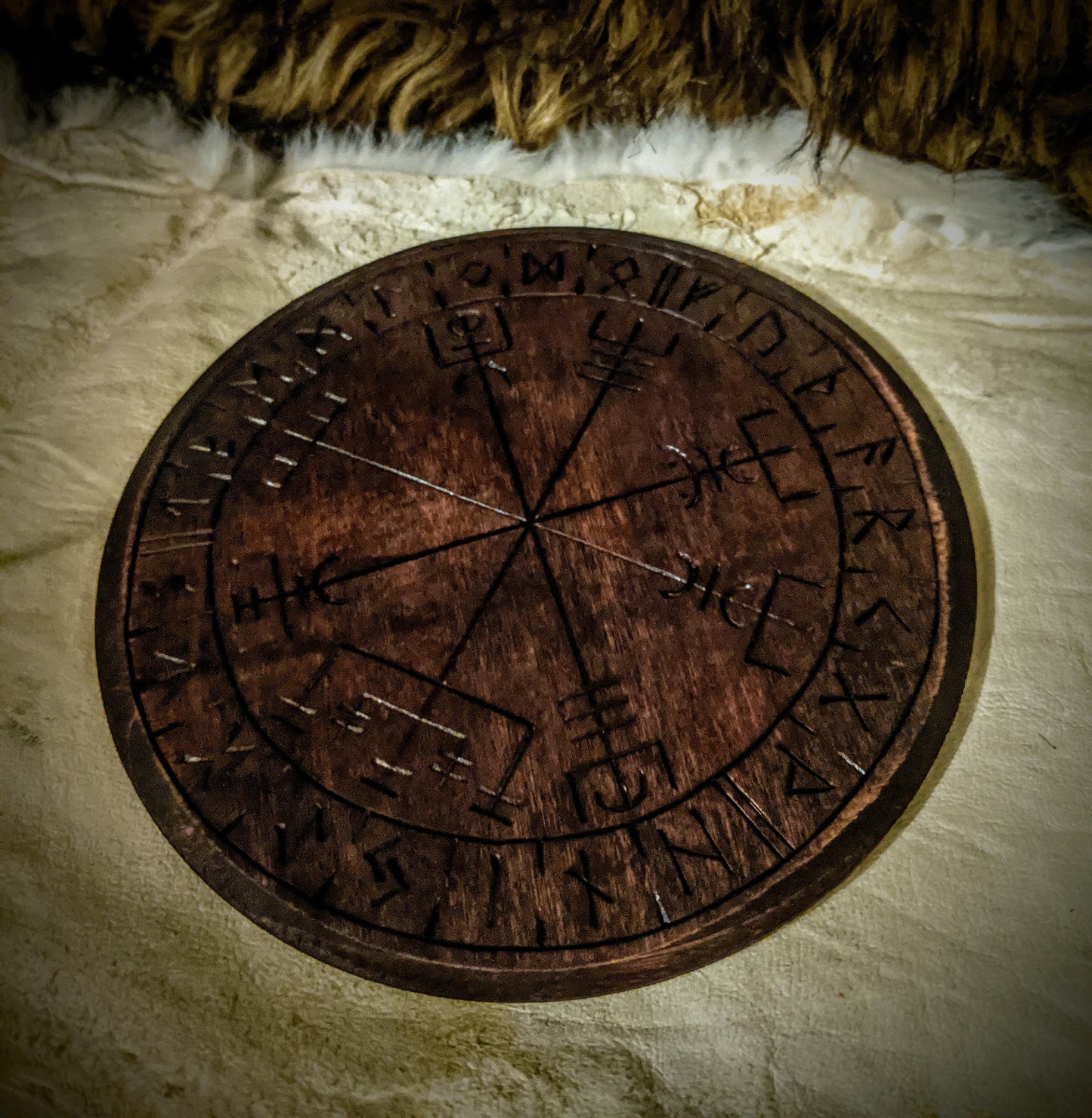 Vegvisir Altar Plate Natural Wood or Brown Elder Futhark Runes Asatru Heathen Norse Pagan