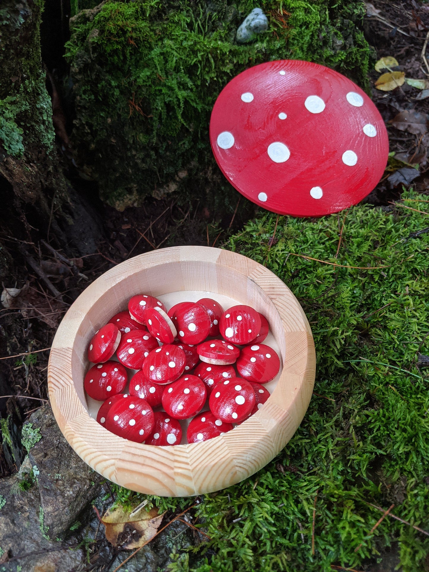 Mushroom Red Wood Rune Set Maple Norse + Box Hand Painted