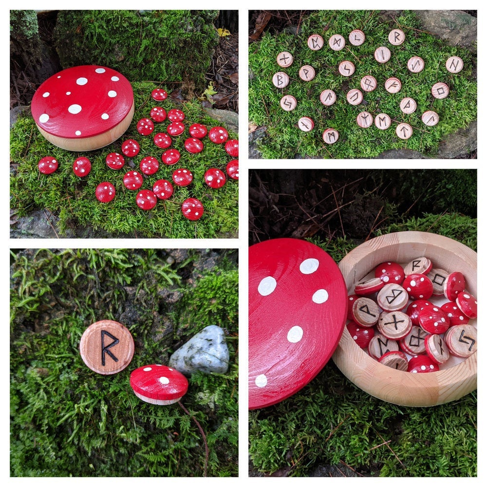 Mushroom Red Wood Rune Set Maple Norse + Box Hand Painted