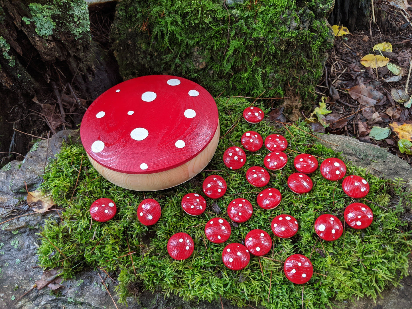 Mushroom Red Wood Rune Set Maple Norse + Box Hand Painted