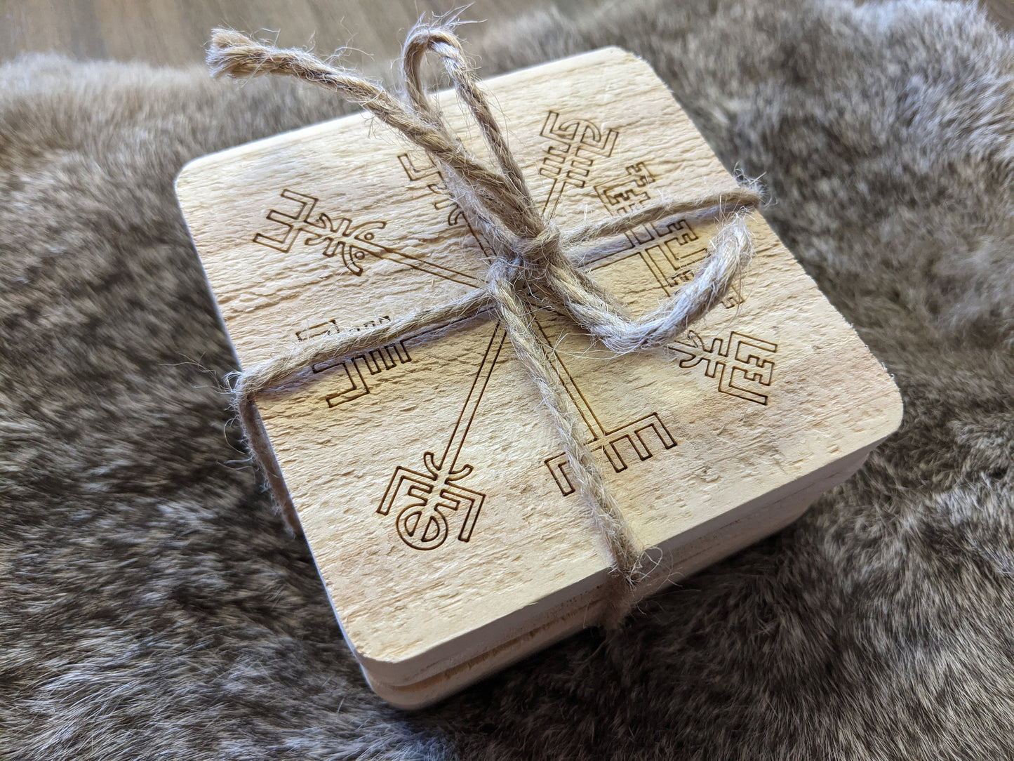 4" Cedar Coasters Valknut Triskelion Vegvisir Helm of Awe Set Wood Gift
