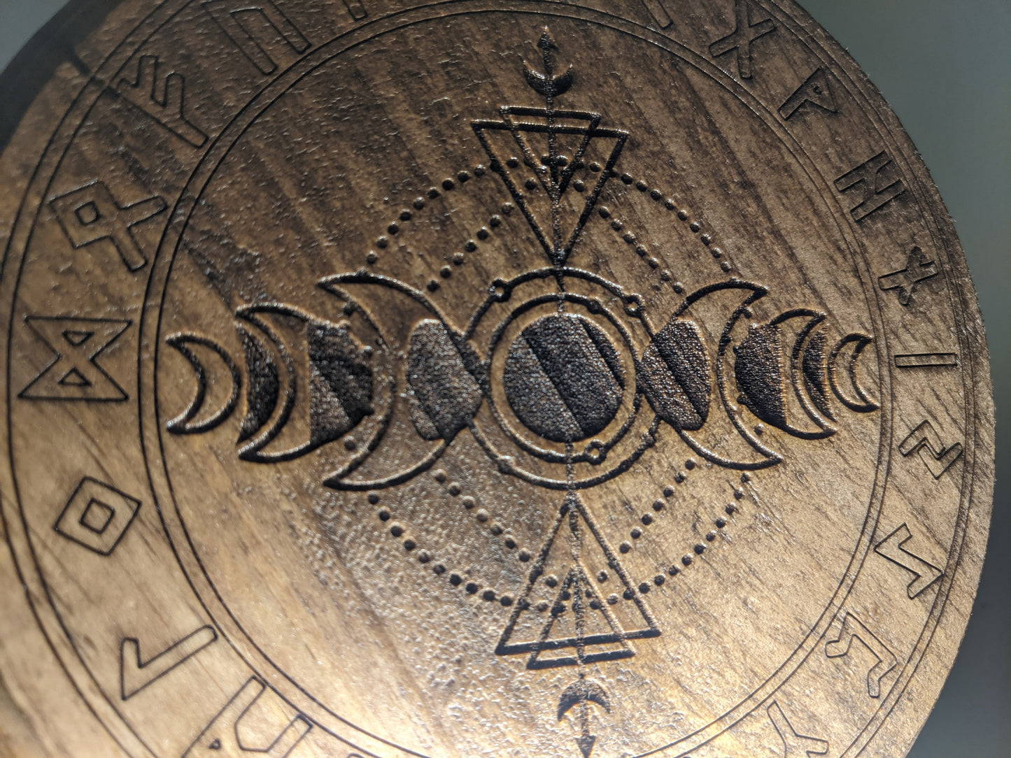 Moon Phase Rune Circle Wood Hanging or Altar Plate Elder Futhark Asatru Heathen Norse Pagan Art