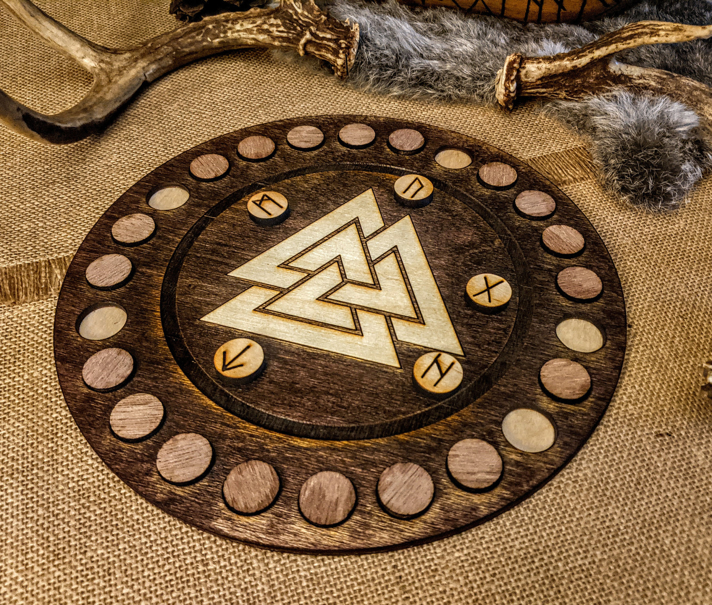 Round Birch Rune Set With Valknut Tray Recessed Rune Storage Altar Plate Casting