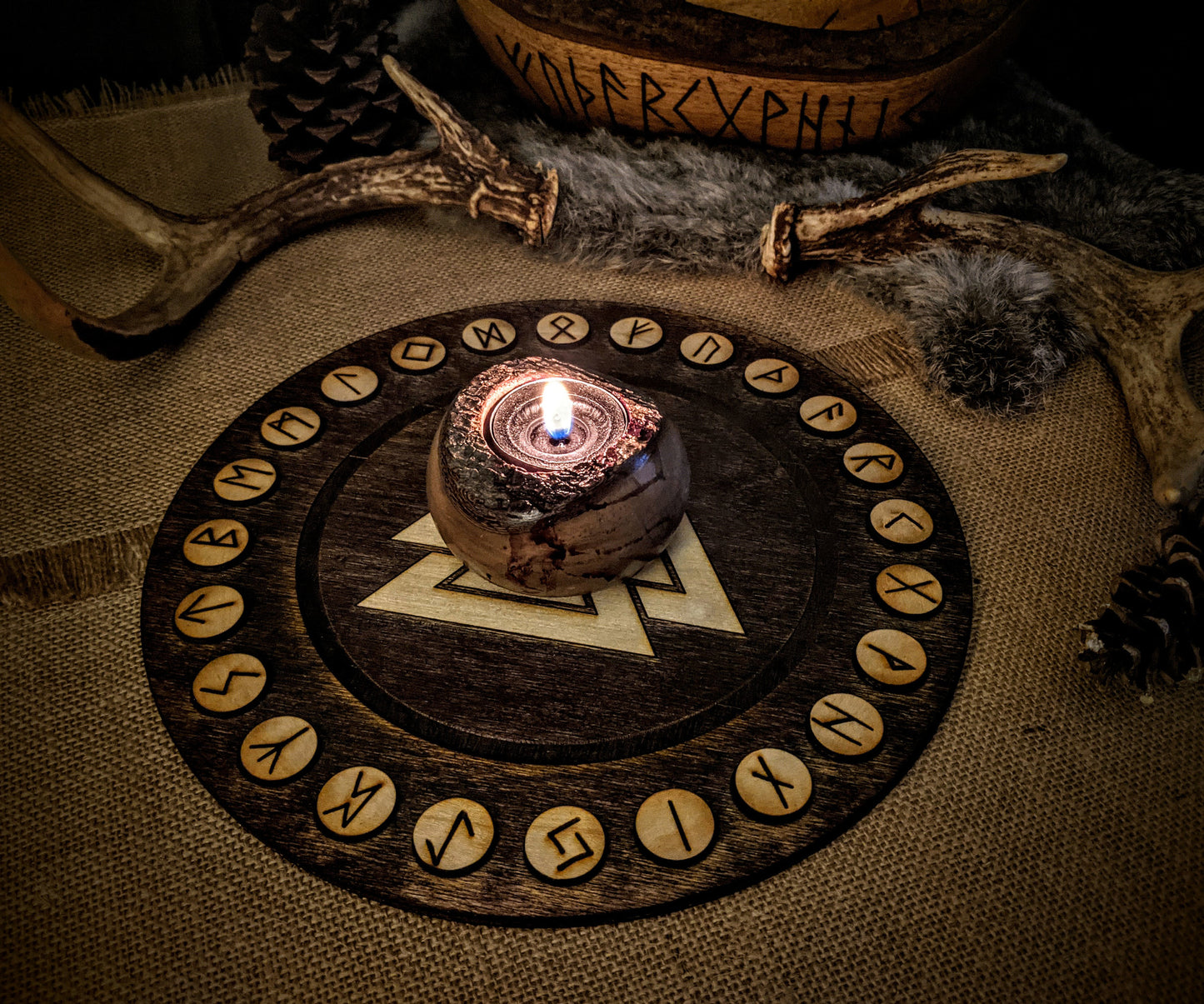 Round Birch Rune Set With Valknut Tray Recessed Rune Storage Altar Plate Casting