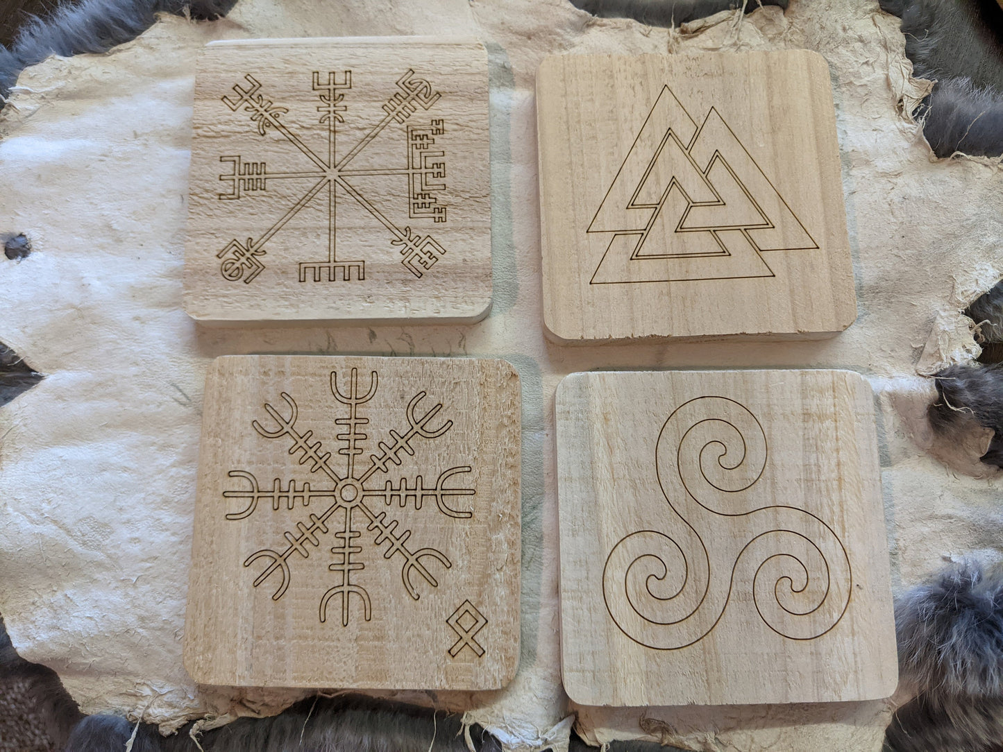 4" Cedar Coasters Valknut Triskelion Vegvisir Helm of Awe Set Wood Gift