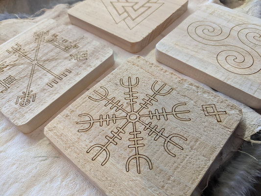 4" Cedar Coasters Valknut Triskelion Vegvisir Helm of Awe Set Wood Gift