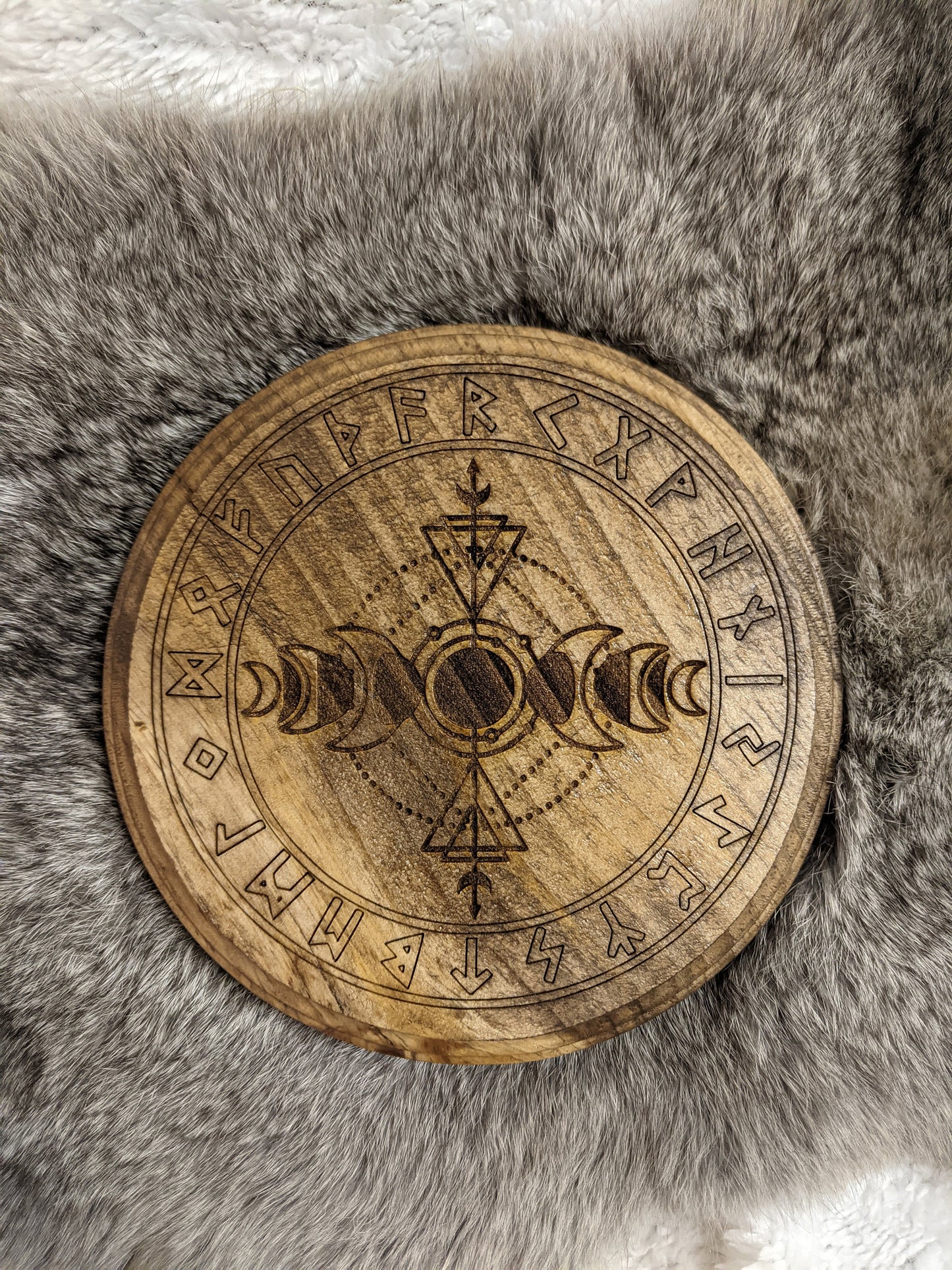 Moon Phase Rune Circle Wood Hanging or Altar Plate Elder Futhark Asatru Heathen Norse Pagan Art