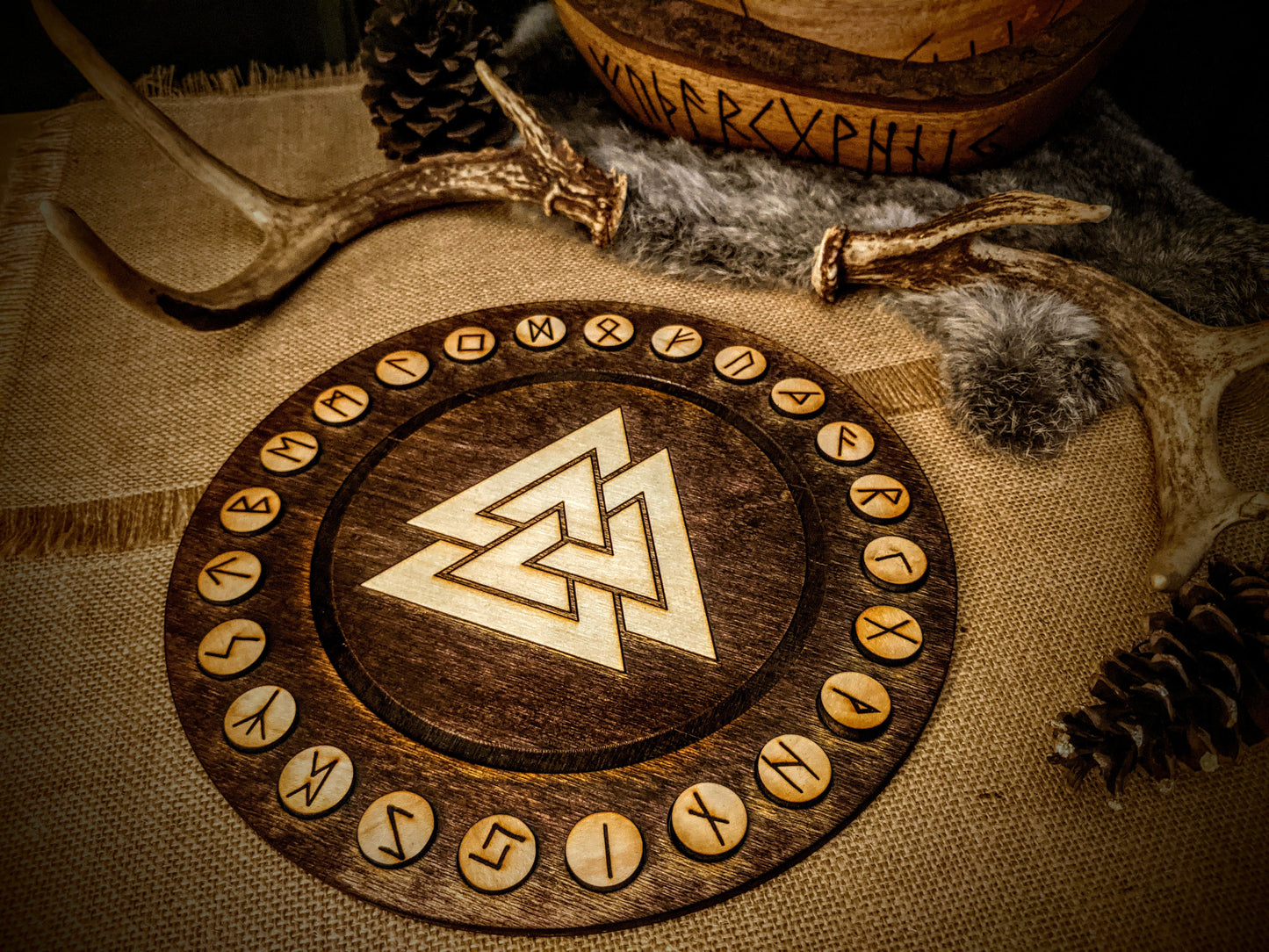 Round Birch Rune Set With Valknut Tray Recessed Rune Storage Altar Plate Casting