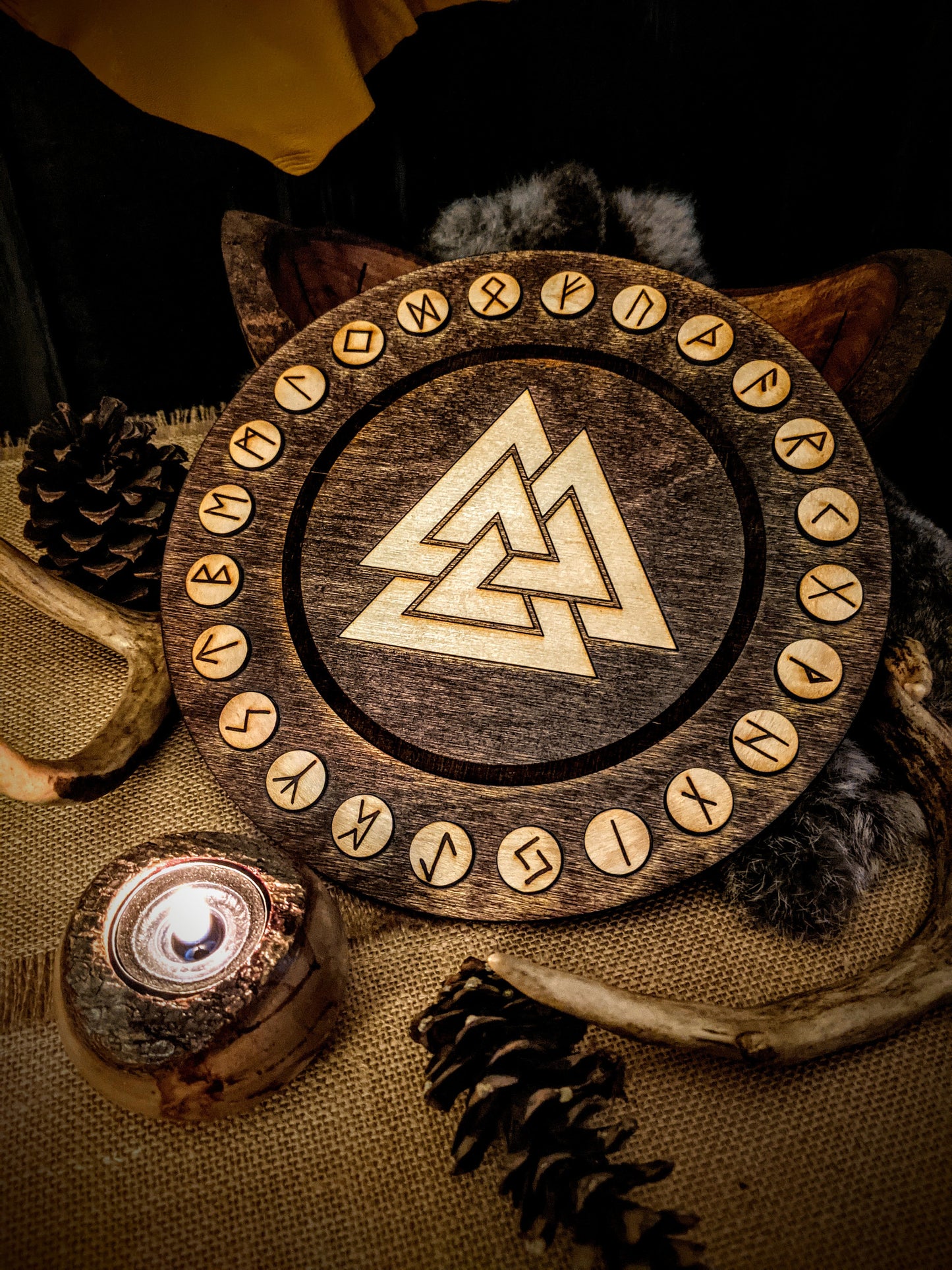 Round Birch Rune Set With Valknut Tray Recessed Rune Storage Altar Plate Casting