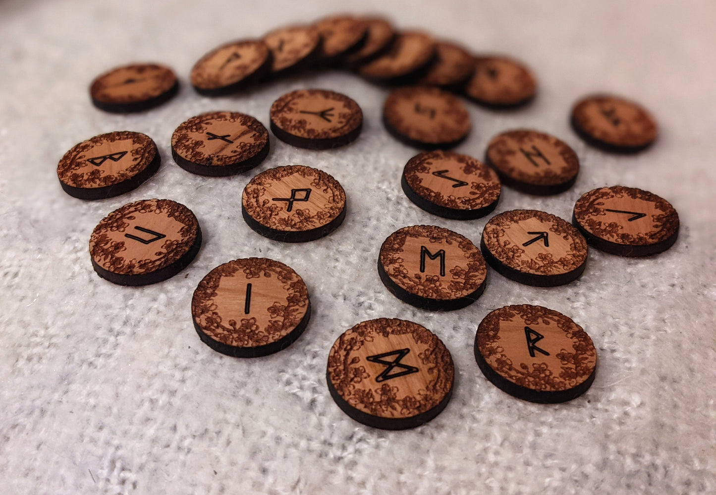 24 Elder Futhark Cherry Blossom Wood Rune Set in Bag | Norse Runes | Cherry Wood