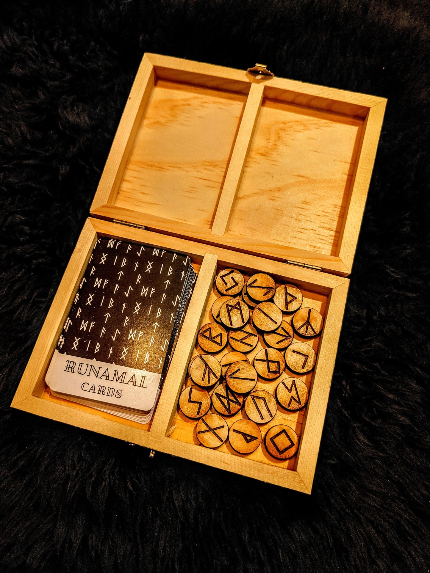 Runamal Rune Cards Wood Rune Set with Box Elder Futhark Norse Pagan Asatru