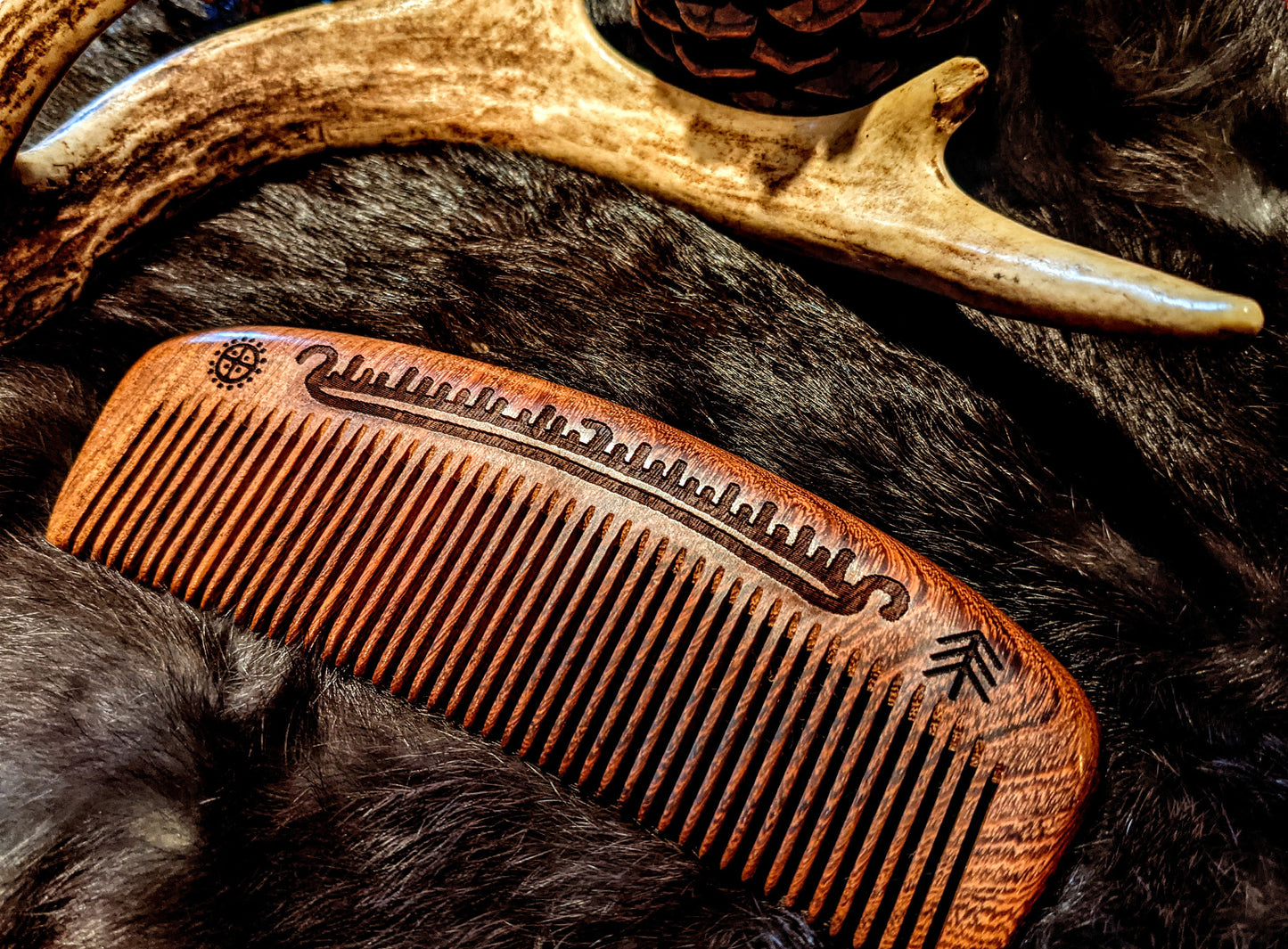 Large Black Sandalwood Viking Comb Drakkar Sun Wheel Medium Tooth Hair Beard 6"