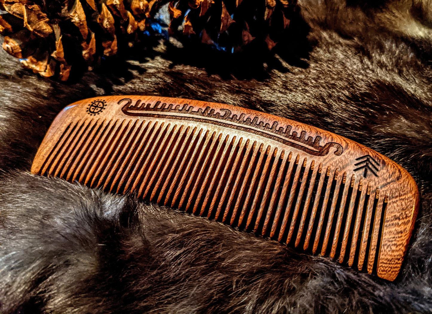 Large Black Sandalwood Viking Comb Drakkar Sun Wheel Medium Tooth Hair Beard 6"