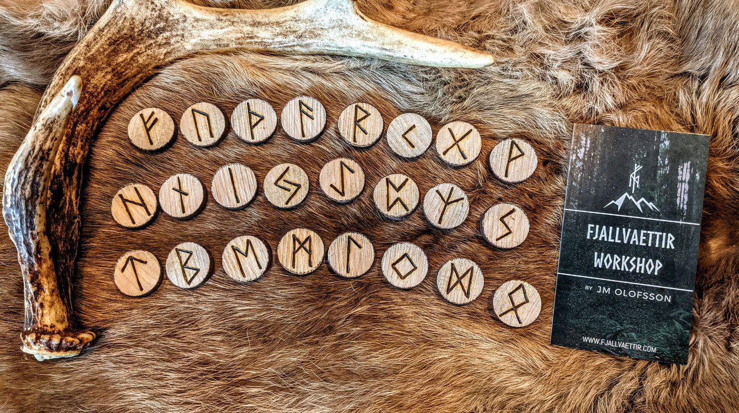 Round Poplar Wood Elder Futhark Norse Viking Rune Set Mahogany Rim