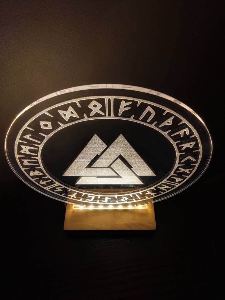Valknut Elder Futhark Rune Lamp 9.5" Wood Base LED Norse Pagan Home Decor Asatru Light