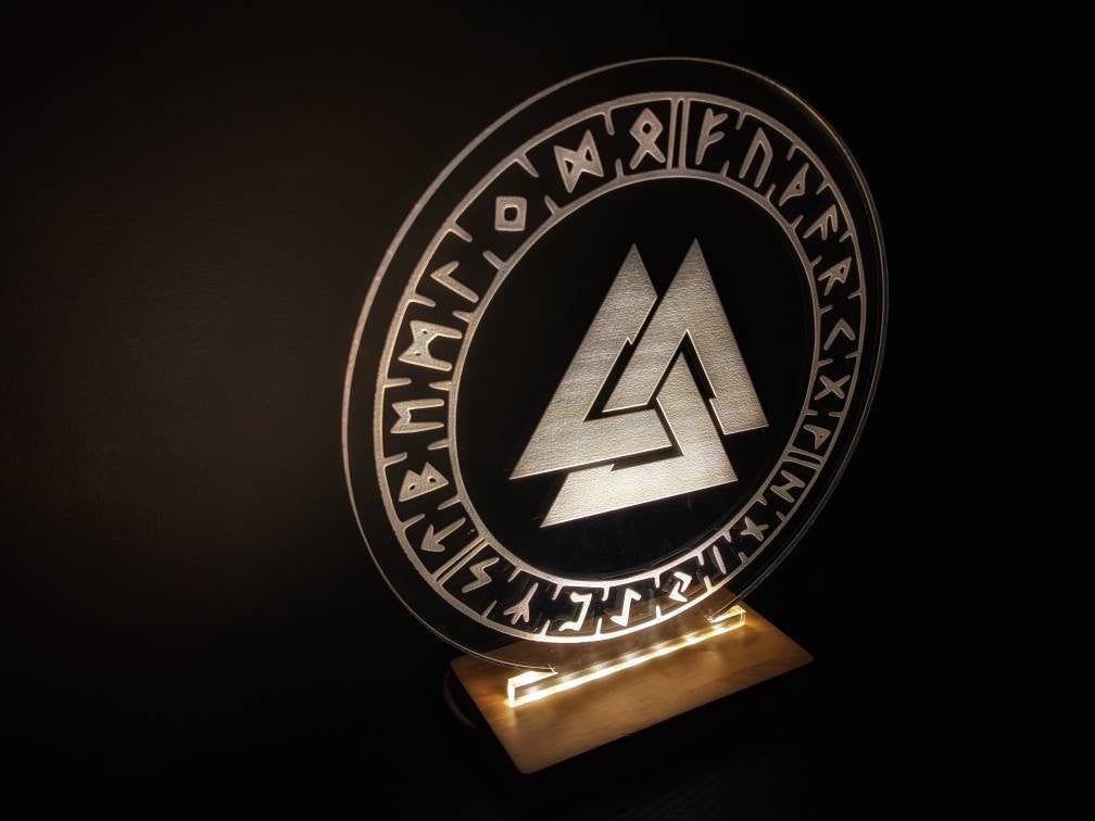 Valknut Elder Futhark Rune Lamp 9.5" Wood Base LED Norse Pagan Home Decor Asatru Light
