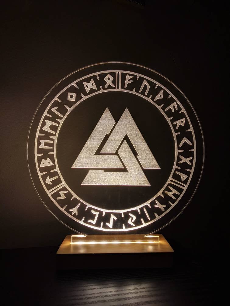 Valknut Elder Futhark Rune Lamp 9.5" Wood Base LED Norse Pagan Home Decor Asatru Light