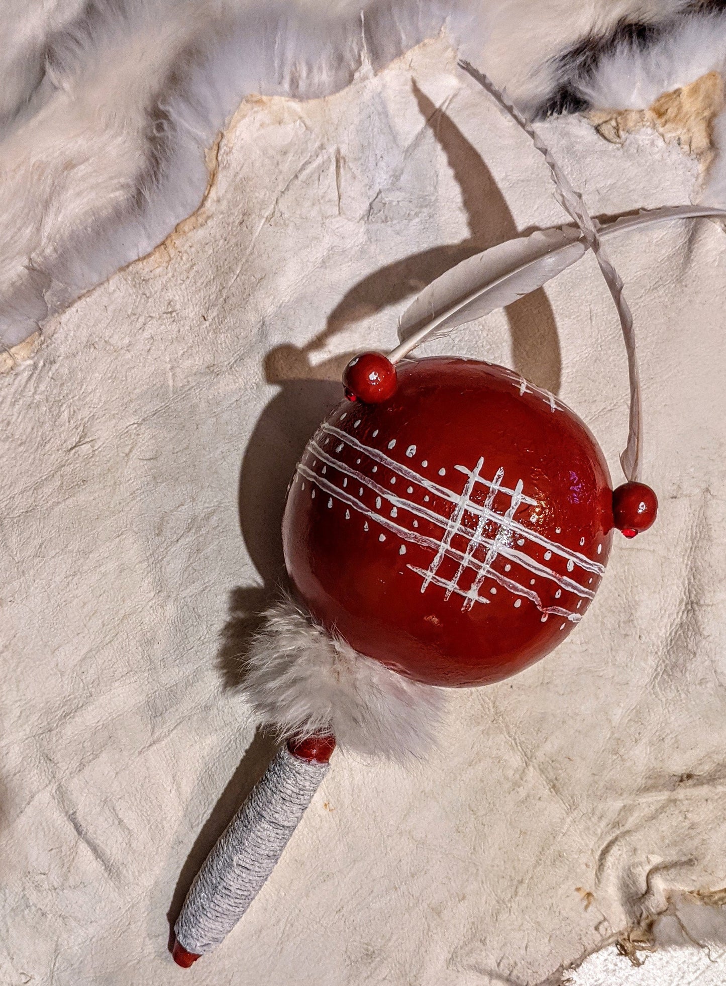 White Rabbit Fur Feather Shaman Rattle Norse Pagan Red Gourd