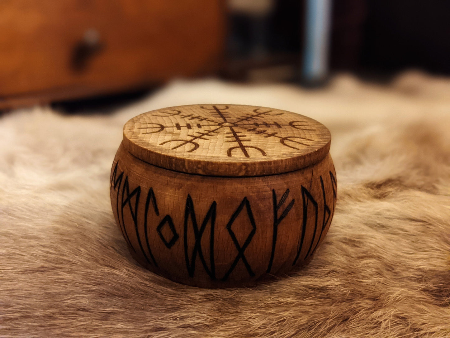 Solid Alder Wood Box of 24 Dark Wood Runes Round Small Mini Rune Set