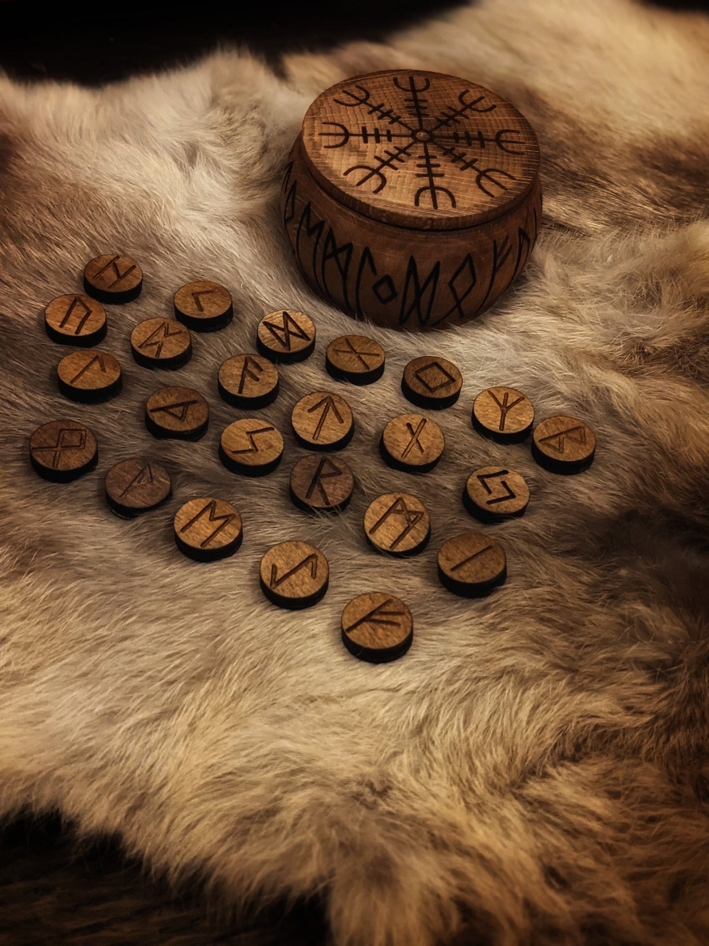 Solid Alder Wood Box of 24 Dark Wood Runes Round Small Mini Rune Set