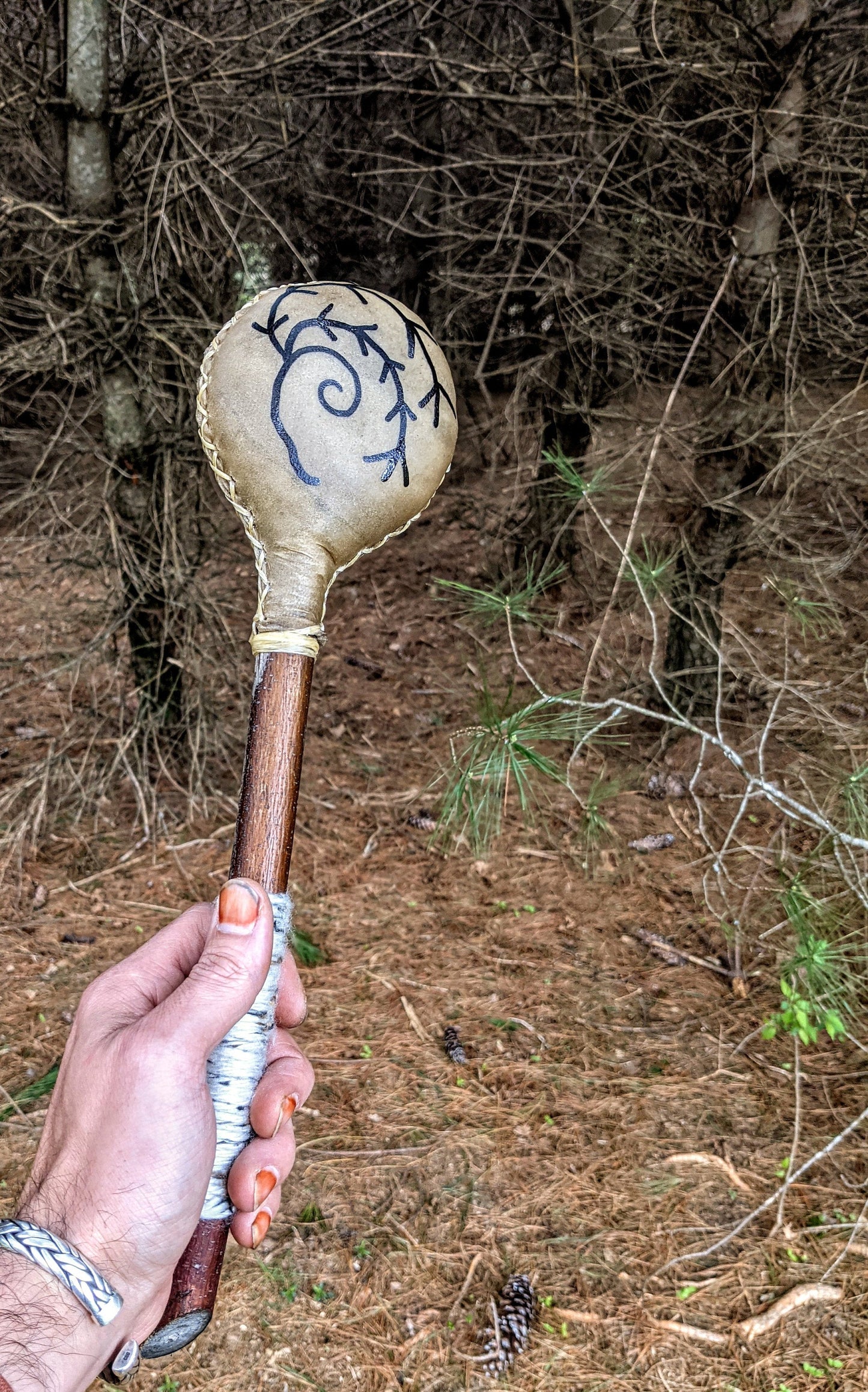 Hand Sewn Elk Hide Norse Shaman Rattle Alder Handle Leather Algiz