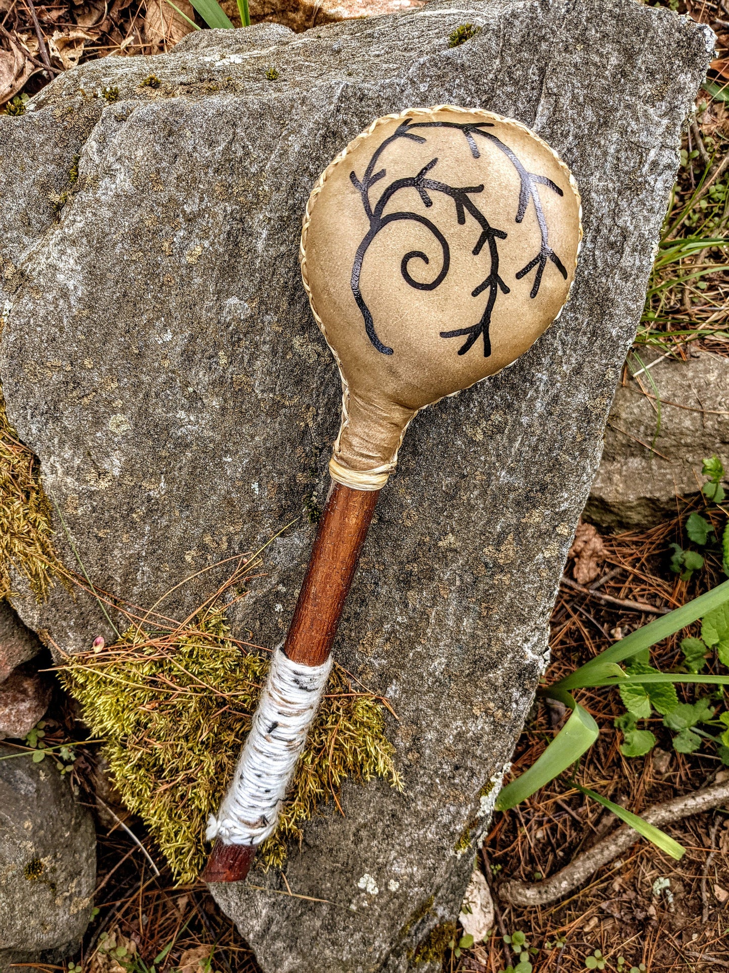 Hand Sewn Elk Hide Norse Shaman Rattle Alder Handle Leather Algiz