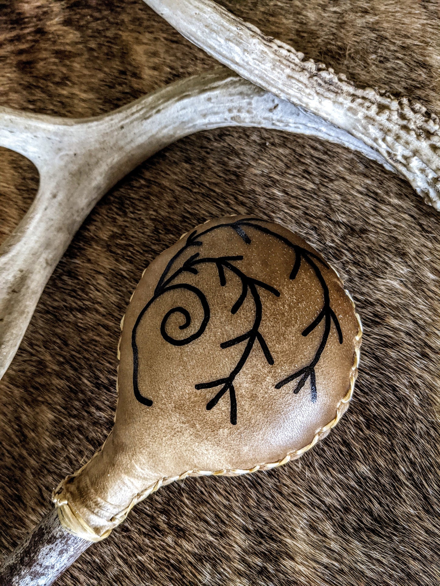 Hand Sewn Elk Hide Norse Shaman Rattle Alder Handle Leather Algiz