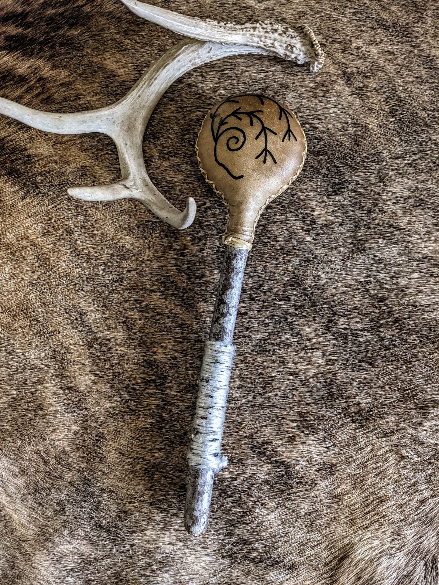 Hand Sewn Elk Hide Norse Shaman Rattle Alder Handle Leather Algiz