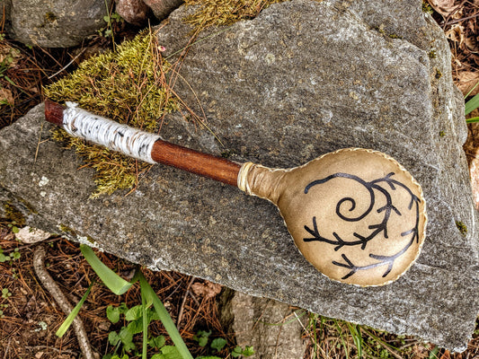 Hand Sewn Elk Hide Norse Shaman Rattle Alder Handle Leather Algiz