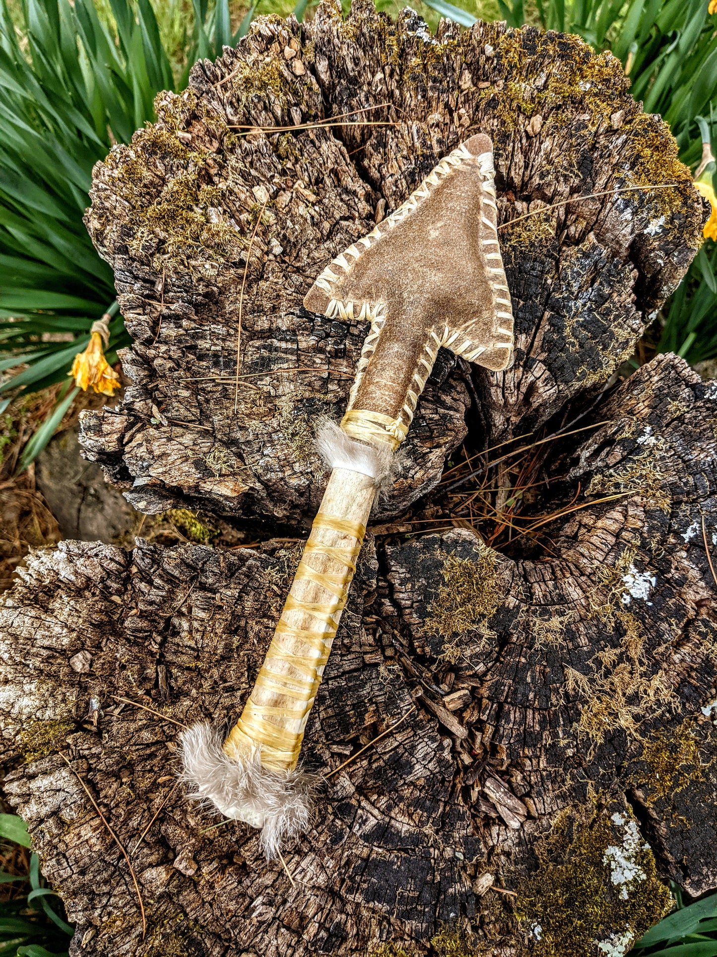 Deer Hide & Bone Arrow Spear Paleo Norse Shaman Rattle Hand Sewn Fur