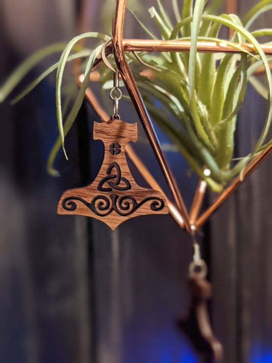 Walnut Wood Mjolnir Earrings Thor's Hammer Heathen Asatru Norse Pagan Jewelry