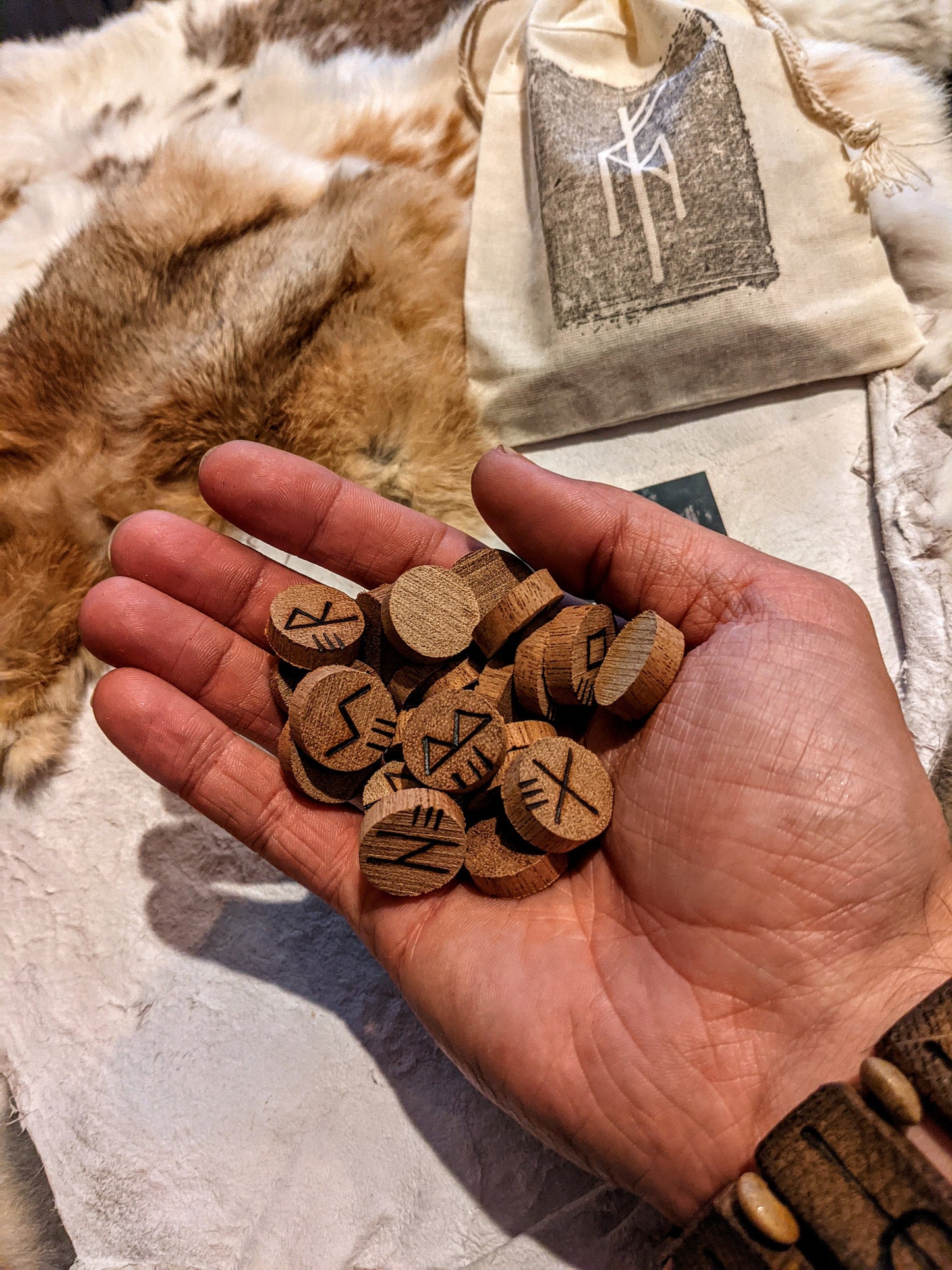 Set of 24 Mahogany Wood Runes .75" Elder Futhark with Bag