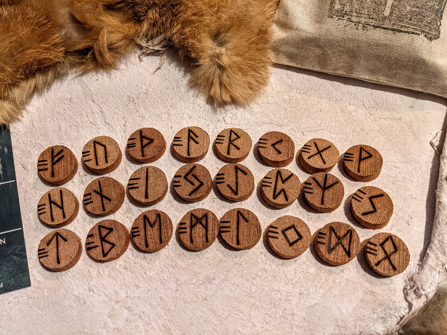 Set of 24 Mahogany Wood Runes .75" Elder Futhark with Bag