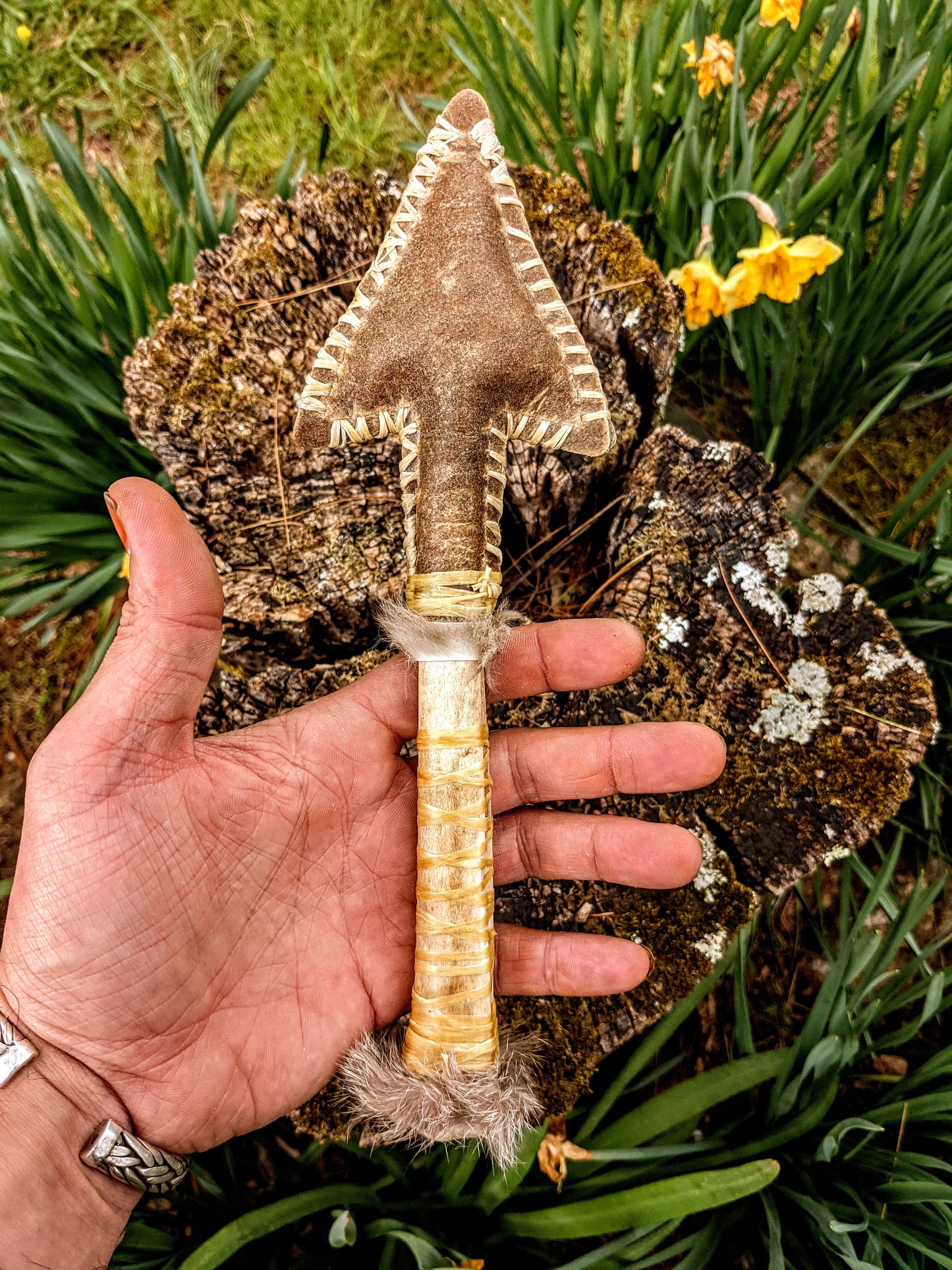 Deer Hide & Bone Arrow Spear Paleo Norse Shaman Rattle Hand Sewn Fur