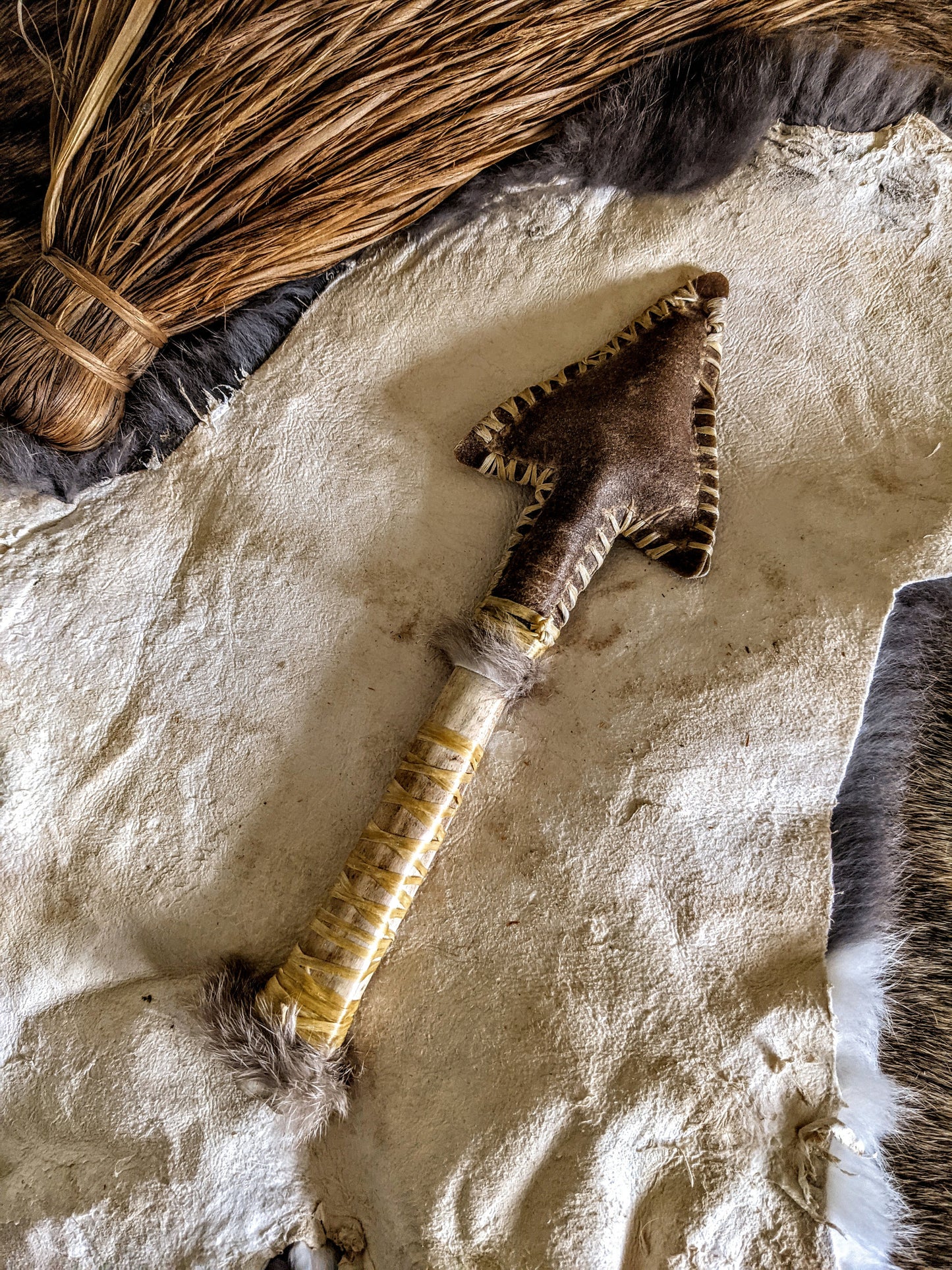 Deer Hide & Bone Arrow Spear Paleo Norse Shaman Rattle Hand Sewn Fur