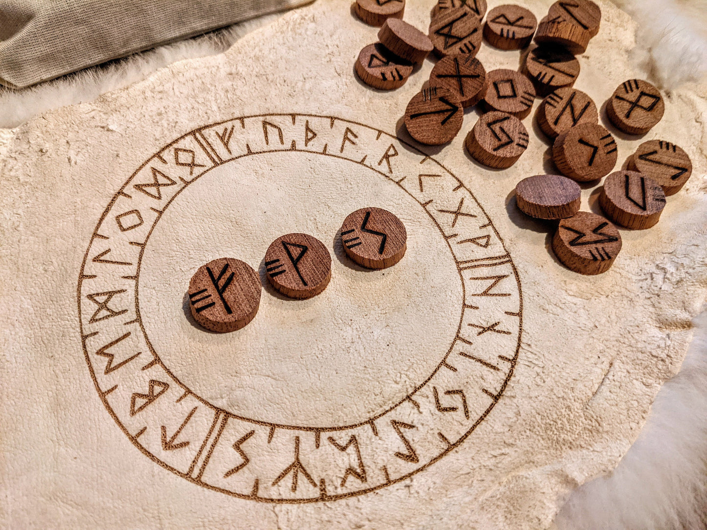 Set of 24 Mahogany Wood Runes .75" Elder Futhark with Bag