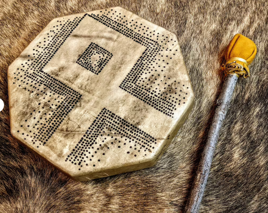 10" Hand Painted Othala Rune Deer Hide Shaman Drum With Beater 8 Sided
