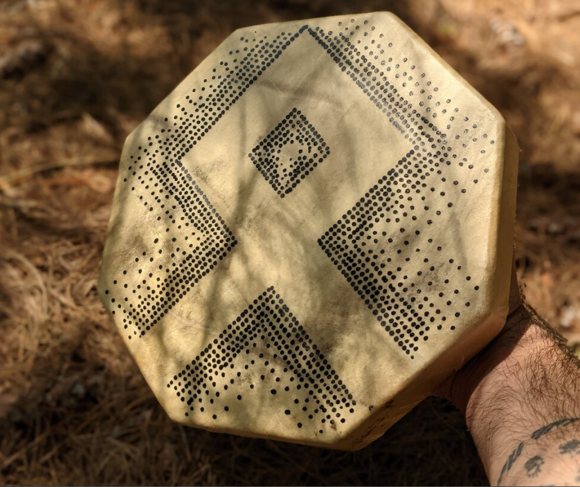 10" Hand Painted Othala Rune Deer Hide Shaman Drum With Beater 8 Sided