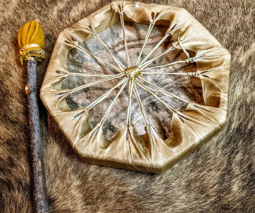 10" Hand Painted Othala Rune Deer Hide Shaman Drum With Beater 8 Sided
