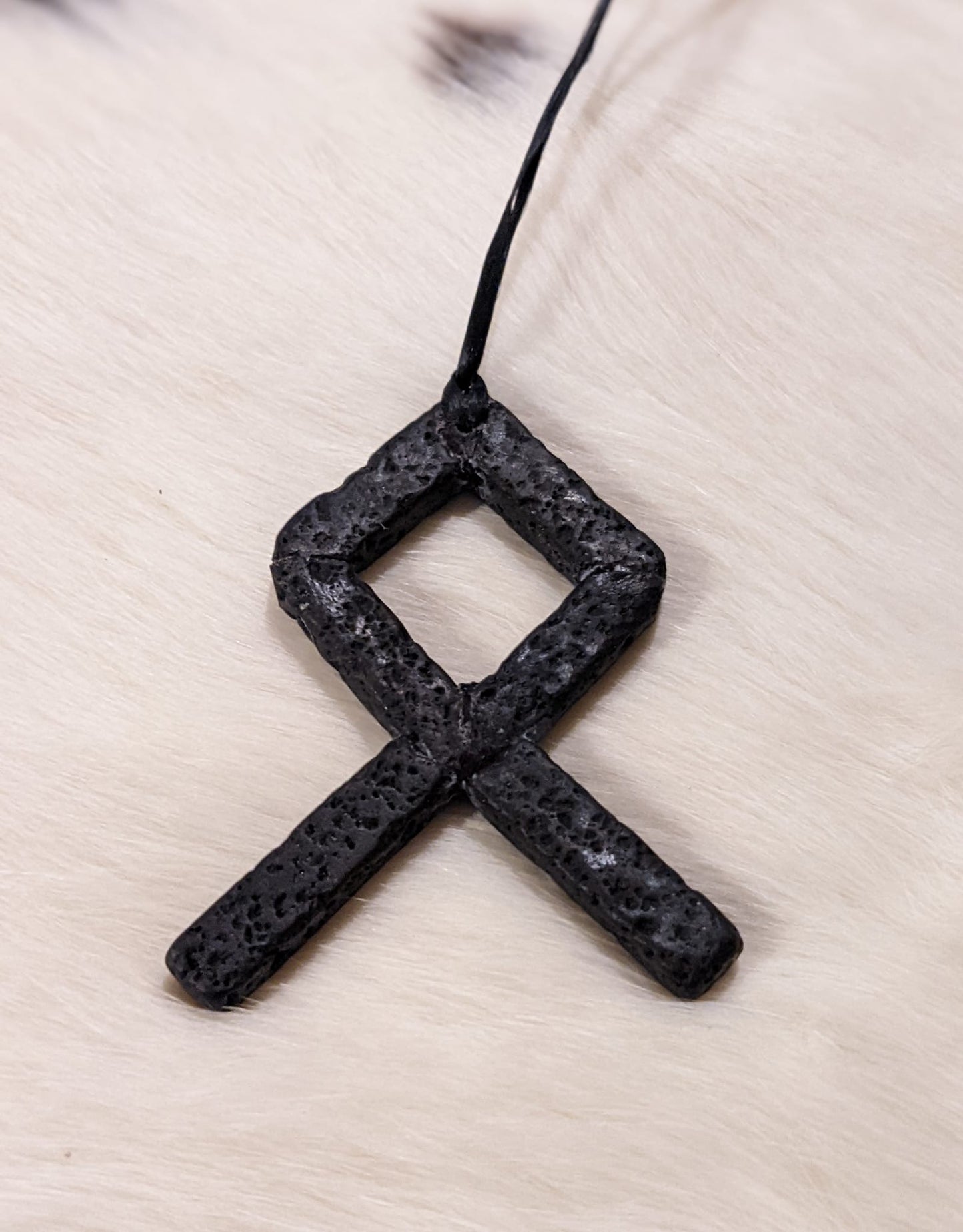 Lava Rock Othala Pendant | Black Sinew Cord