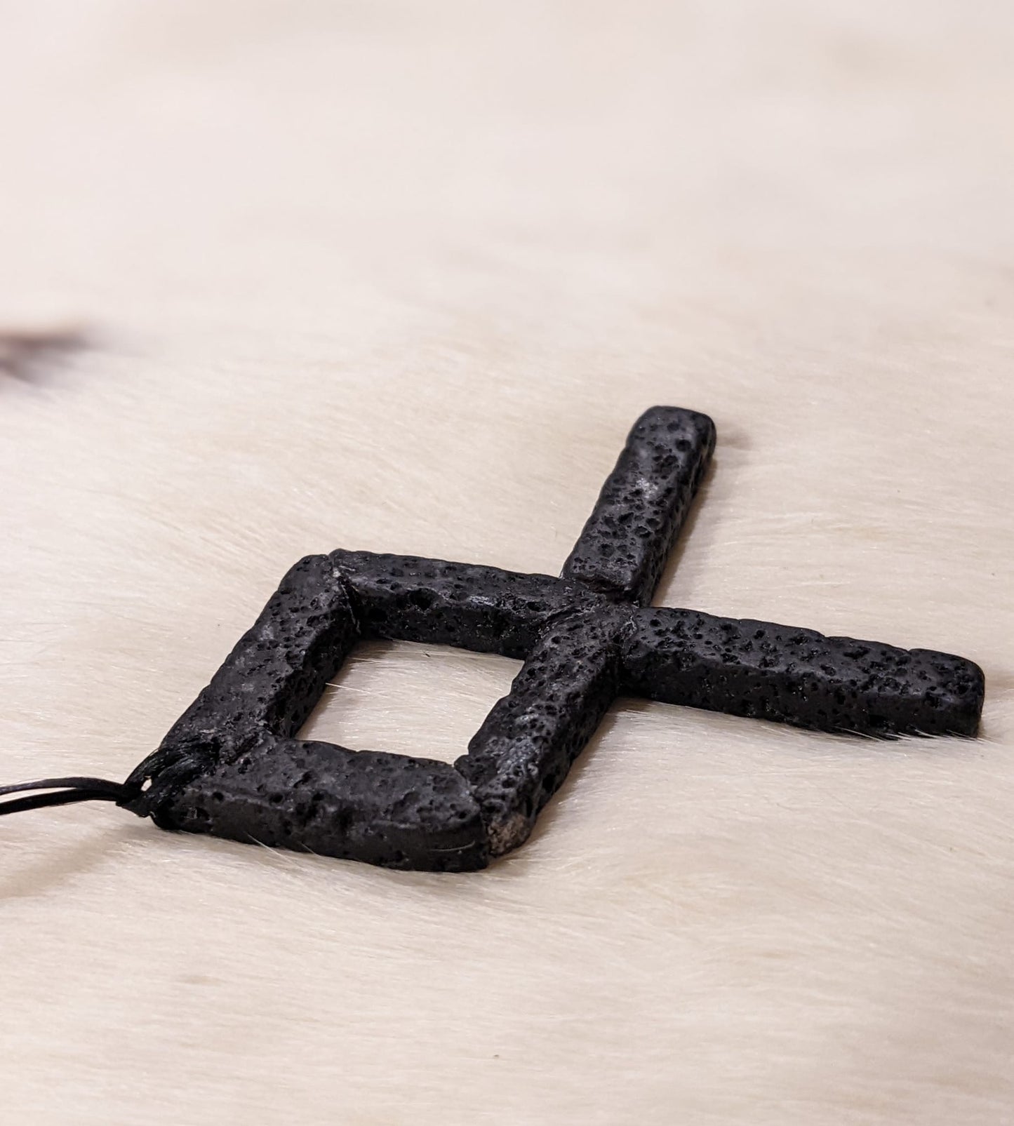 Lava Rock Othala Pendant | Black Sinew Cord