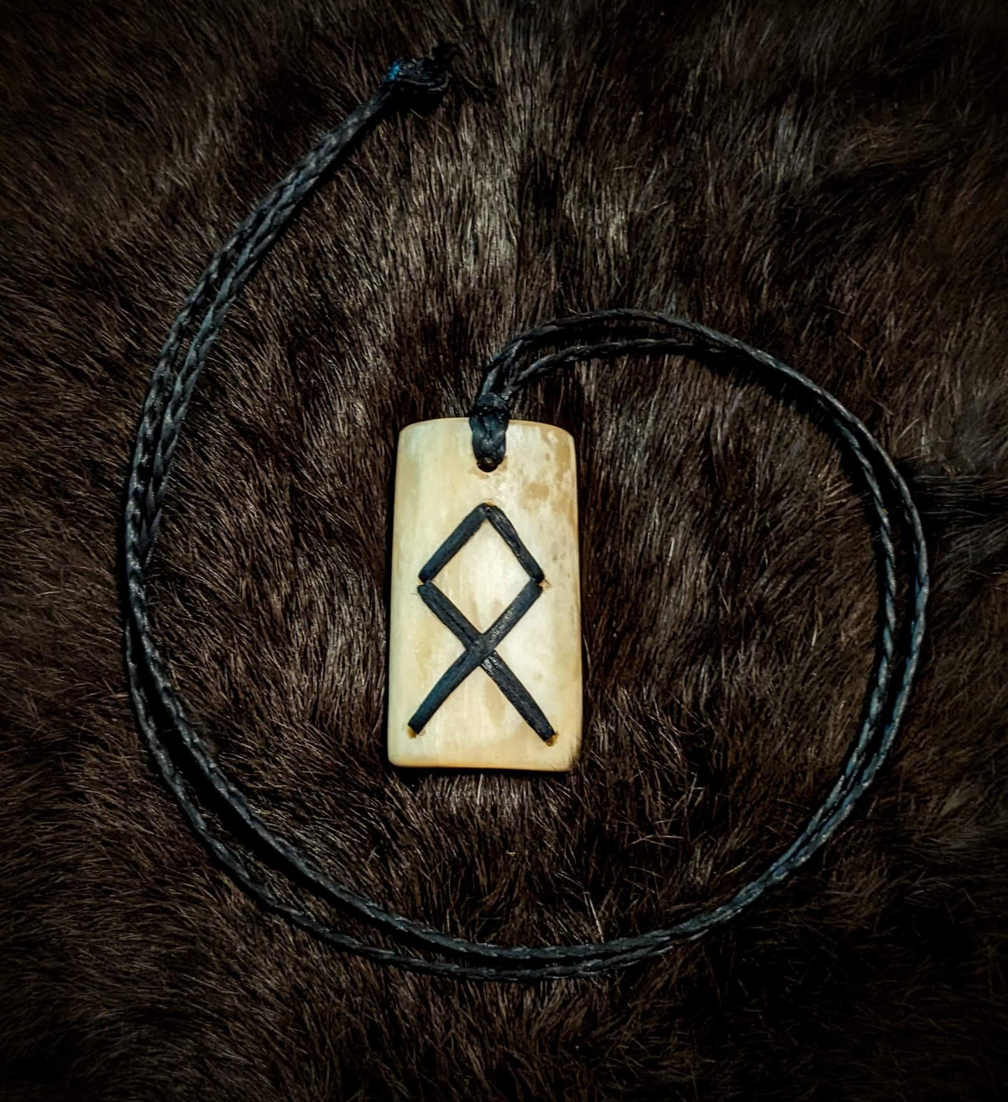 Othala Elk Bone Pendant | Braided Black Sinew Cord