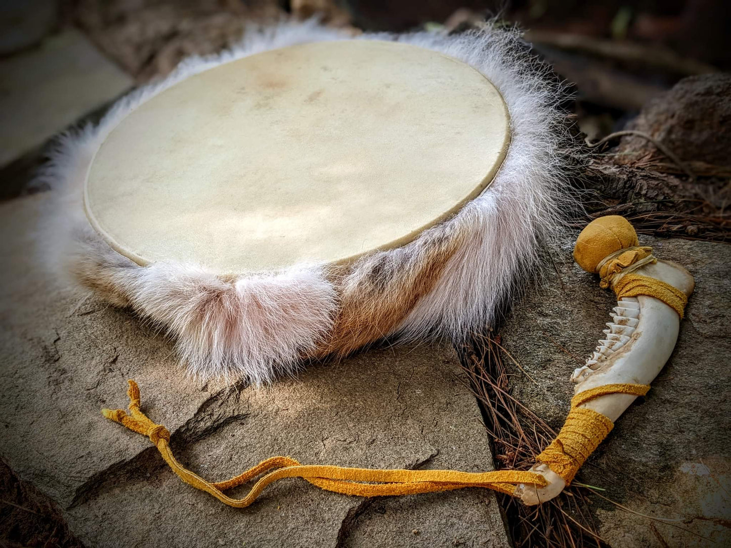 12 Inch Deer Skin Coyote Fur Shaman Drum with Deer Jaw Bone Beater
