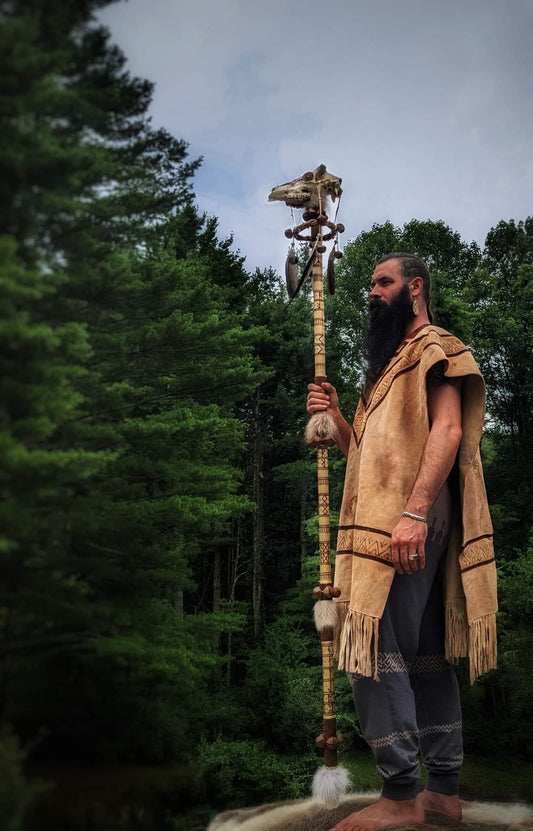 Deer Skull Ritual Runic Formula Staff | Elk Bone | Crow Feather