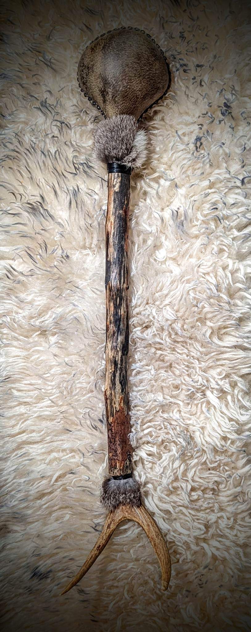 Grárbjörn "Grey Bear" Bear Hide Shaman Rattle with Rabbit Fur and Deer Antler