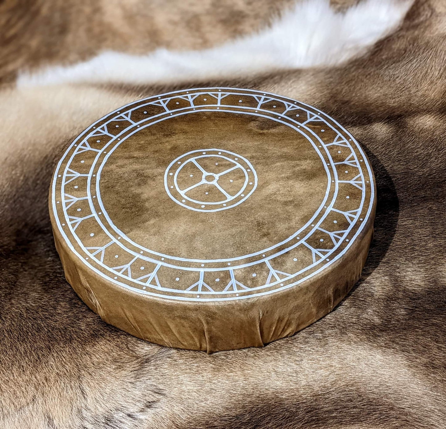 14" 24 Algiz Elk hide Sun Drum, Elk leg bone/ rabbit hide drum beater
