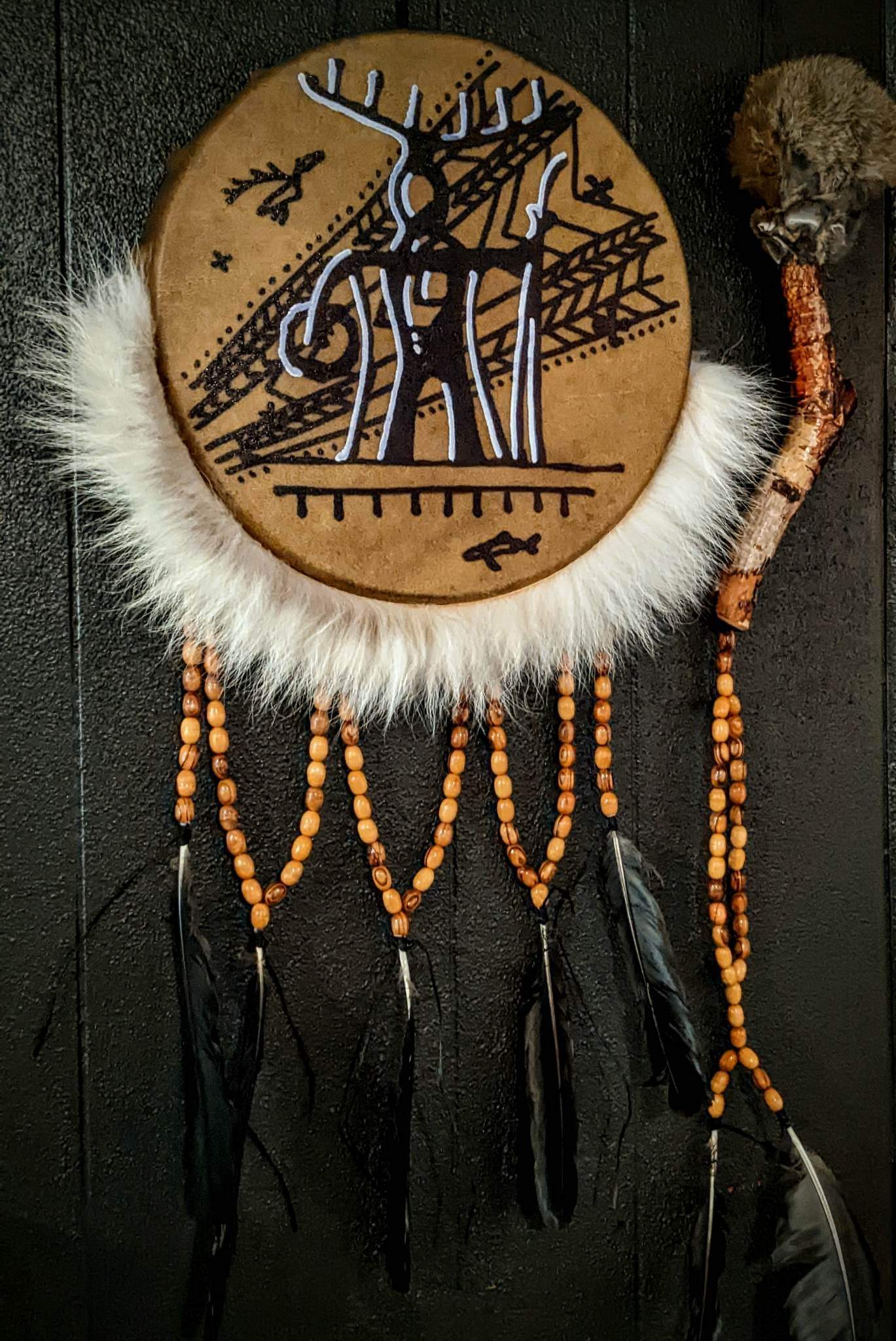 10 Inch Moose Hide Beaded Drum & Rabbit Fur Beater