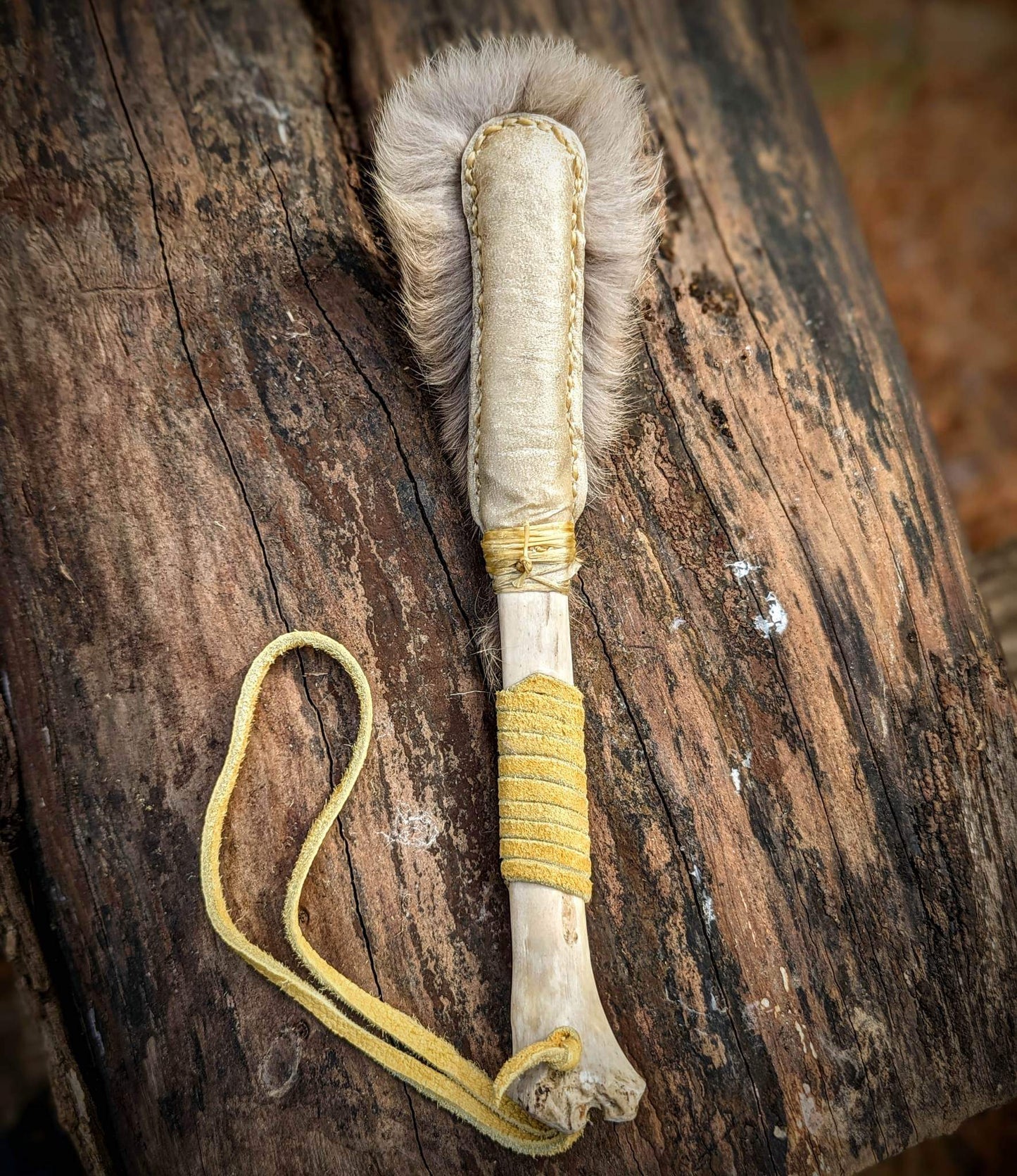 Bone Drum Beater With Rabbit Fur Rattle Head